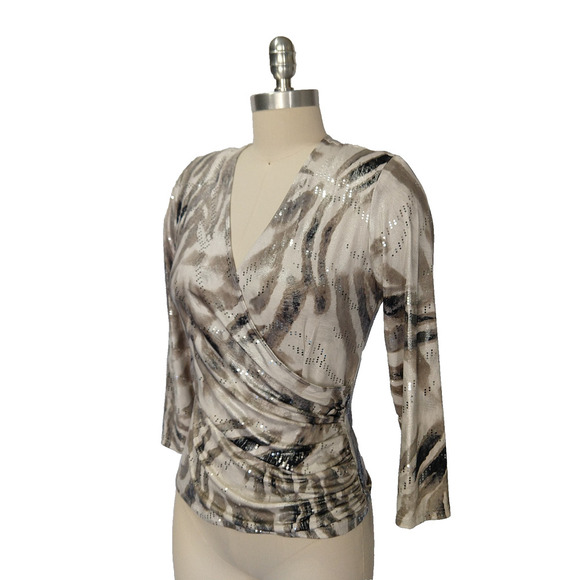 Vintage 90s Faux Wrap Top Size S Metallic Animal Print Sparkle Trashy Y2K - Picture 4 of 6